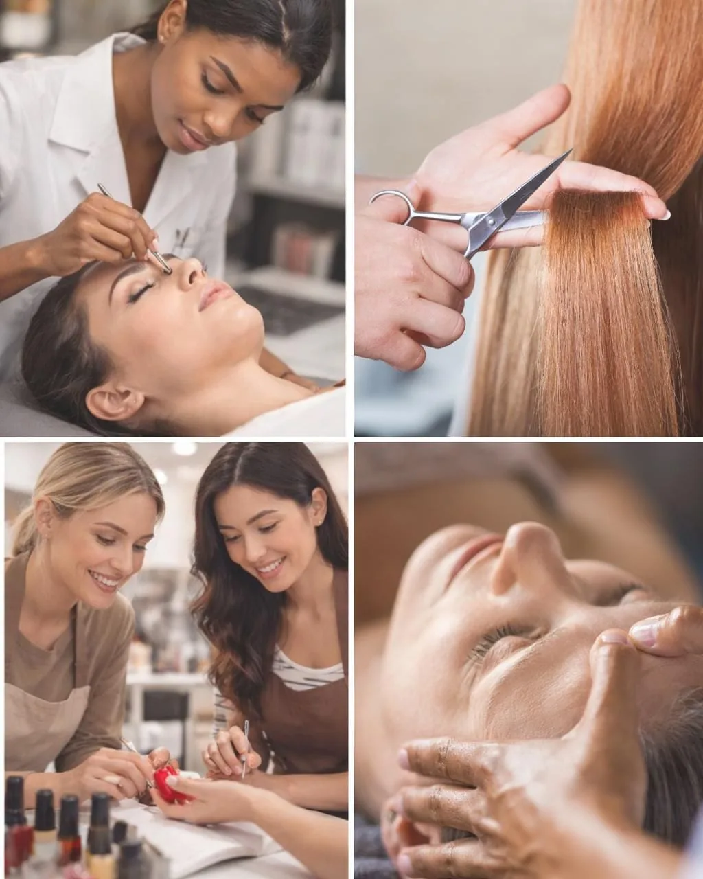Beauty professionals at work: brows, hair, nails, facials and massage